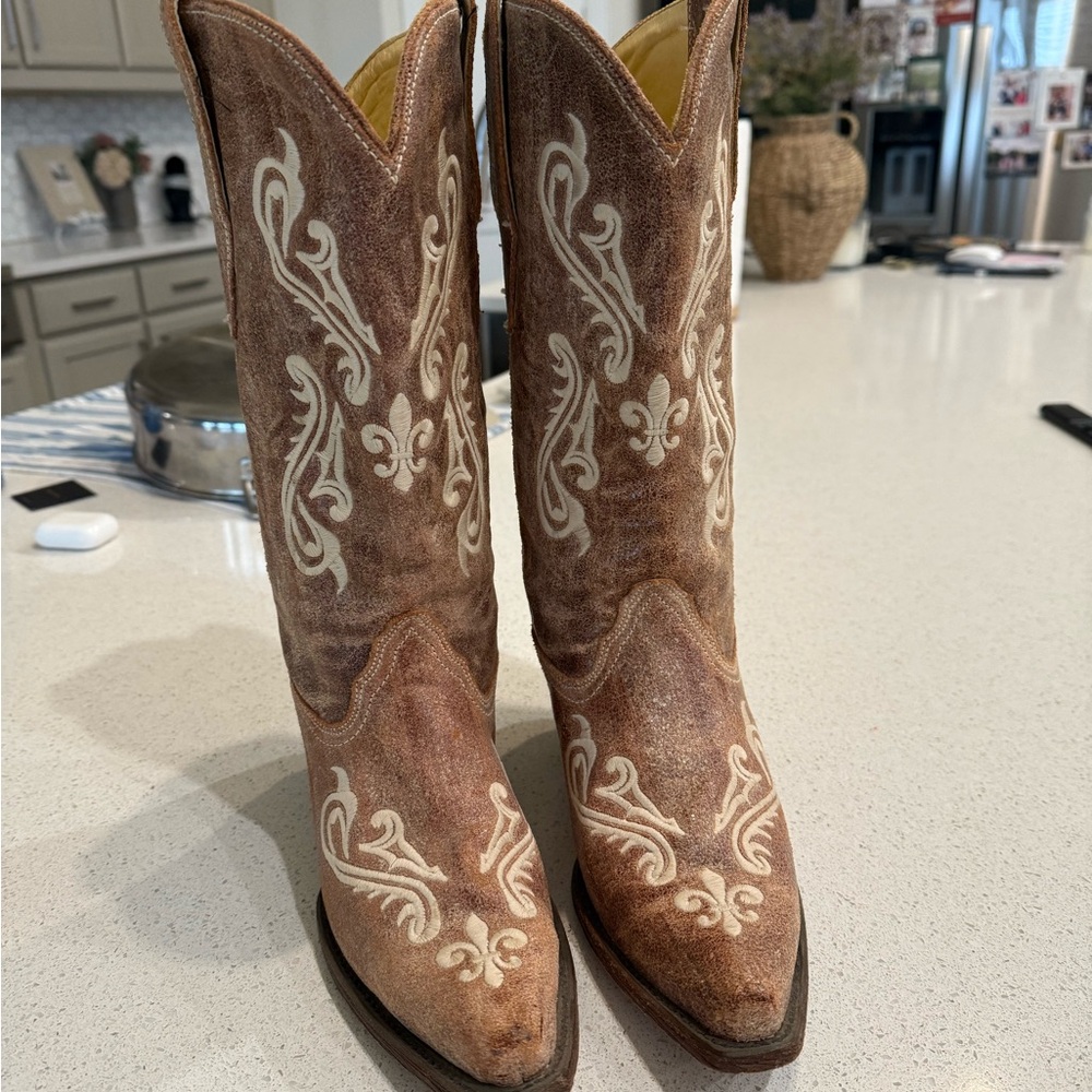Brown Western Cowboy Boots with White Embroidery